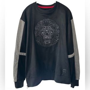 MAKOBI Men’s Black & Gray Velvety Lion Sequined Side Zipper Thick Sweater- 3XL